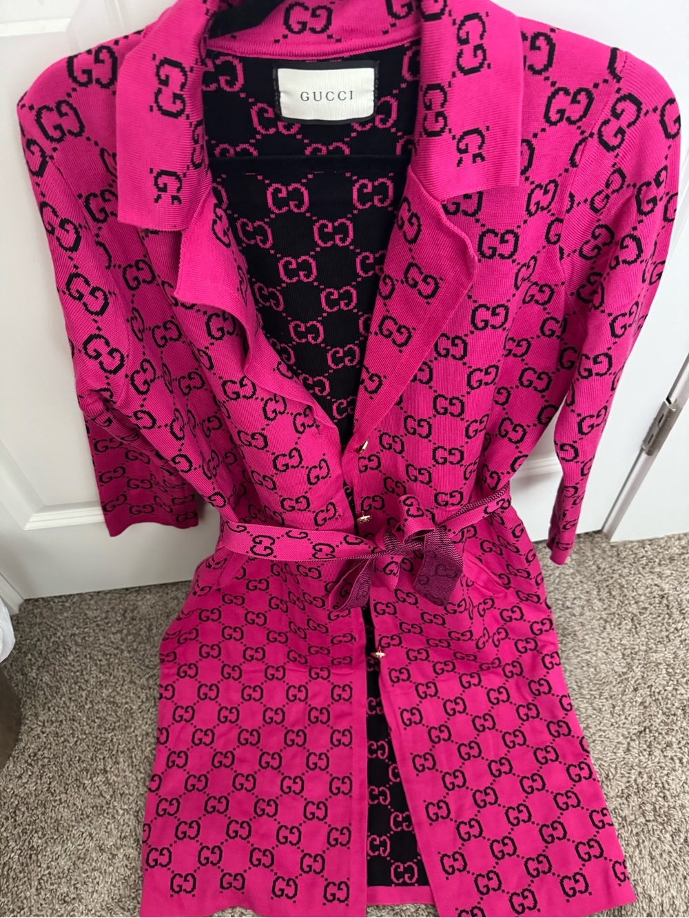 Gucci Hot Pink and Black GG Logo Knit Belted Cardigan